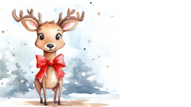 A cute reindeer with a copy space. Christmas watercolor illustration. Card background frame.