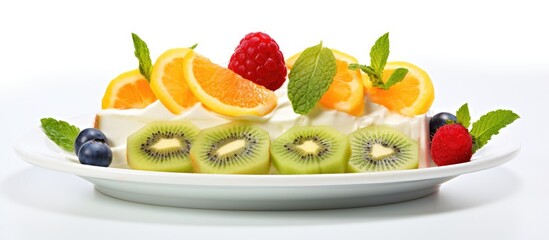 In a white background, an isolated plate of tropical fruit dessert catches the eye with its vibrant colors of green, orange, and yellow, showcasing nature's bounty and promoting a healthy and natural
