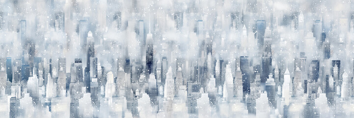 Seamless pattern. panorama of a big city. Winter snowy weather. Wide banner. Mixed style painting. For poster, business card, invitation, flyer, banner, header. Generative AI Content