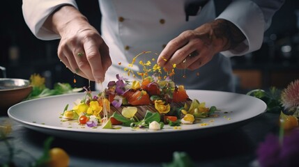 a person putting flowers on a plate