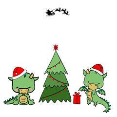 illustration  png of Christmas dragons sitting under the Christmas tree