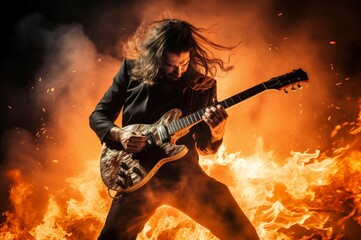 Vibrant Guitarist take on fire. Rock stage music. Generate Ai - obrazy, fototapety, plakaty