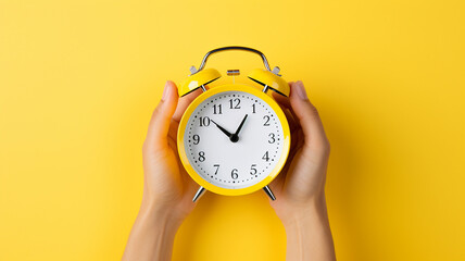hand holding yellow alarm clock on yellow background - obrazy, fototapety, plakaty