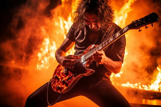 Electrifying Guitarist take on fire. Rock stage music. Generate Ai