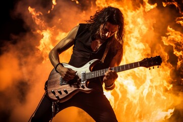 Fototapeta na wymiar Blazing Guitarist take on fire. Rock stage music. Generate Ai