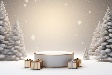 3d rendered white and snowy Podium display for merry Christmas event