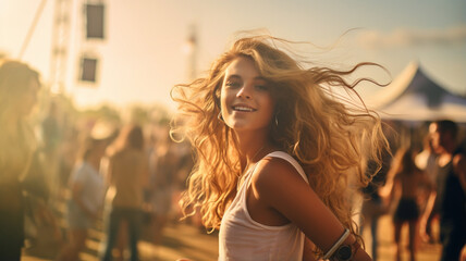 Obraz premium happy young woman dancing on summer festival