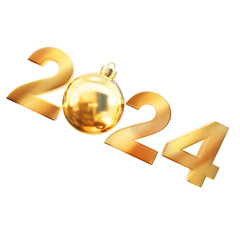 2024 new year golden figures with christmas bauble isolated on transparent background