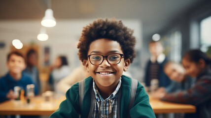 Portrait of smiling African American little boy in class - obrazy, fototapety, plakaty