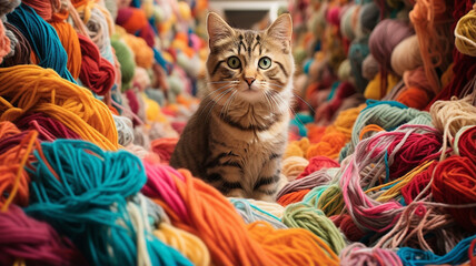 cat among colored threads - obrazy, fototapety, plakaty