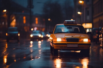 Retro Yellow Taxi On A Night City Rainy Road, generative ai