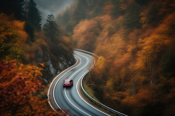 Red Modern Car Red Modern Car On A Winding Mountain Road Through The Autumn Mountains, generative ai