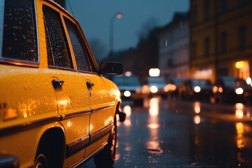 Retro Yellow Taxi Is Going On A Night City Rainy Road, generative ai