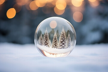 Fototapeta na wymiar Crystal ball with a snowy christmas tree fir tree inside falling snow realistic holiday decoration