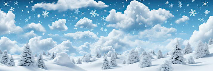 Illustration christmas banner of snowy winter landscape with trees, clouds on blue sky, snowdrifts and snowfall - obrazy, fototapety, plakaty
