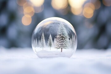 Fototapeta na wymiar Crystal ball with a snowy christmas tree fir tree inside falling snow realistic holiday decoration