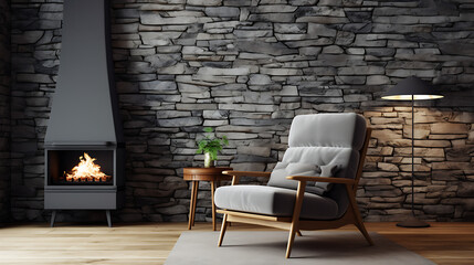A recliner chair in room with stone wall and fireplace. Mid-century, scandinavian home interior design of modern living room