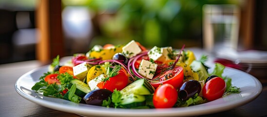 In a charming Greek restaurant, a plate of delicious and healthy Greek salad was served, exhibiting an array of colorful vegetables, including juicy red tomatoes, crisp green leafy lettuce, and creamy