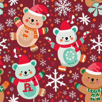 Vector christmas pattern with
cartoon teddy bear in santa claus hat, star and snowflake
 on a red background. 2024 New Year fashion
ornament for fabric, paper, textiles, notepad,
children clothing.