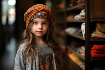 Portrait of a cute little girl in a headscarf in a clothing store.