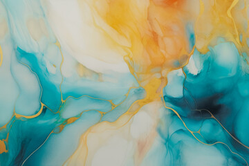 mesmerizing blend of azure, amber, and white hues in a fluid art pattern, creating a peaceful, abstract design.