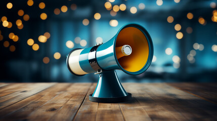 Megaphone. Loud voice. Yellow and blue megaphone on wooden table. Conceptual image for advertisements of things or products. Concept of sales, advertising, notices, calls, news dissemination.  - obrazy, fototapety, plakaty