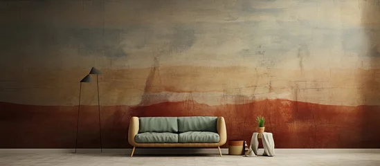 Foto op Canvas The vintage wallpaper, with its old and stained texture, depicted a retro landscape of weathered cliffs and dry mountains, adorned with stripes of natural stone, giving it a grunge touch. © 2rogan