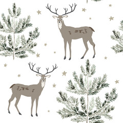 Christmas seamless pattern, deer animals, pine trees, stars, white background. Vector illustration. Nature design. Season greeting. Winter Xmas holidays
