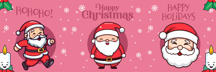 Collection Christmas Banner Presents Cute Santa Claus, Wishing Everyone a Merry Christmas and a Happy New Year through a Greeting Card. Celebrate the Winter Season with Our Holiday Cartoon Character
