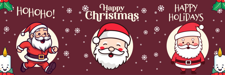 Merry Christmas and Happy New Year Greeting Card: Collection Christmas Banner with Adorable Santa Claus. Cartoon Character for the Winter Holiday Season