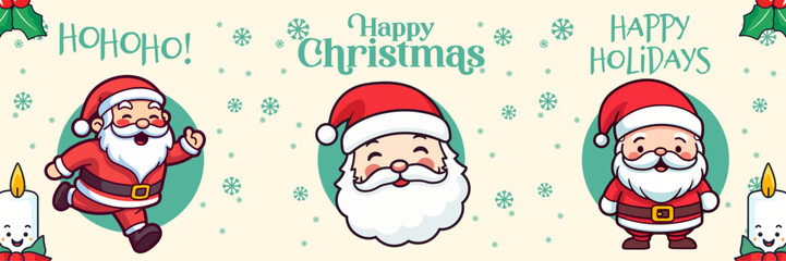 Greeting Card for Merry Christmas and Happy New Year: Cute Santa Claus in Collection Christmas Banner. Winter Season’s Favorite Holiday Cartoon Character