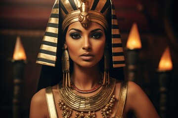 Cinematic shot of Egyptian pharaoh queen Cleopatra with traditional headdress and makeup