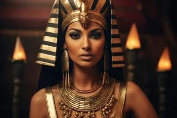 Fotobehang Cinematic shot of Egyptian pharaoh queen Cleopatra with traditional headdress and makeup © Jan