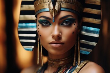 Close-up of a queen Cleopatra in Egyptian makeup and headdress with traditional blue and gold colors