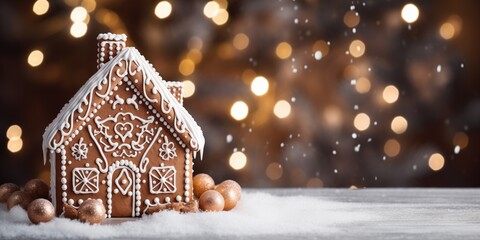 Iced gingerbread house with golden baubles in the foreground and a bokeh light background