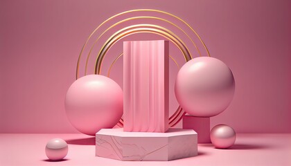 Abstract geometric shape pink pastel color scene minimal design cosmetic product splay podium 3d render racked display blank template empty three-dimensional illustration object space show