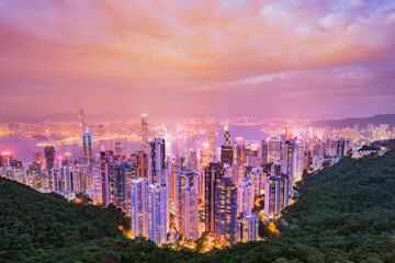 View of the downtown of Hong Kong from Victoria Peak. - obrazy, fototapety, plakaty
