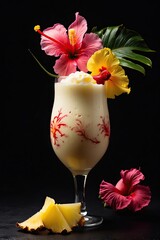 a pina colada decorated with a hibiscus flower, cocktail photography,  black background, tropical cocktail