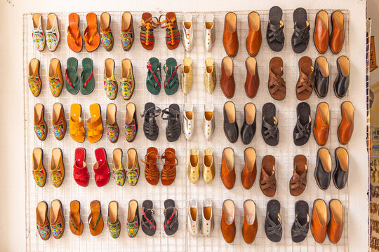 Shoes for sale at a artisan crafts market in Tunisia.