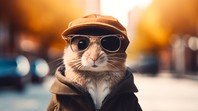 A cute little funny mouse wearing sunglasses and a hat