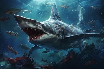 Fierce Hammerhead shark. Marine deep sea. Generate Ai - obrazy, fototapety, plakaty