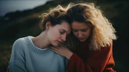 Two women embracing each other in front of a picturesque hill.