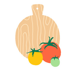 Tomatoes and wooden cutting board. Colorful hand-drawn tomatoes. Flat vector illustration isolated on a white background - 681806537