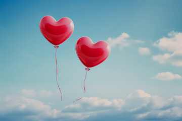 two glossy red heart-shaped balloons floating against a clear blue sky with puffy white clouds.