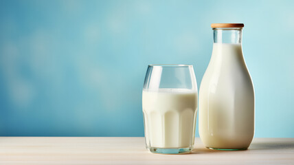 A glass and bottle of milk on wooden table with light blue background. AI Generative.
