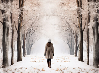 Beautiful woman walking among snowy forest, winter forest and enjoying first snow. Wearing hat, plaid scarf and coat.