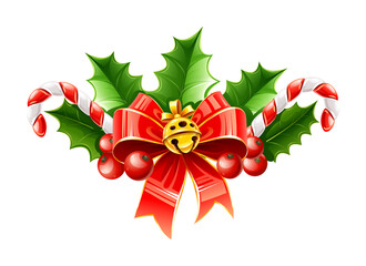 Christmas decoration of red bow with gold bell and holly leaves