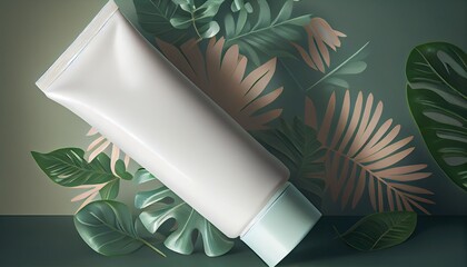 White cream tube Cosmetic packaging design tropical plants background 3d rendering template plastic package medicals lotion isolated gel empty container clean care cap blank beauty skin realistic