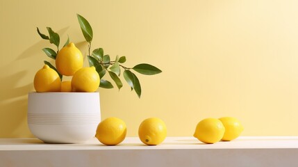 Lemons in white ceramic vase on yellow background.