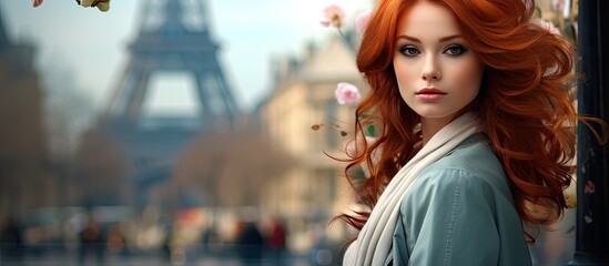 In Paris, the woman with retro-inspired makeup and fiery red hair turned heads as people admired the stunning beauty of her face and mesmerizing eyes. Her portrait captured the essence of a sexy model - obrazy, fototapety, plakaty